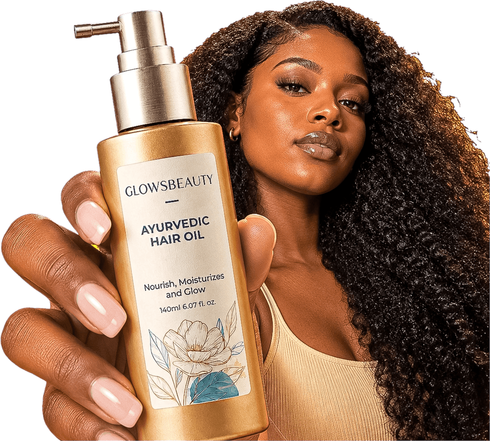 A Glowsbeauty client with long natural curls holding a bottle of Glowsbeauty Ayurvedic hair oil